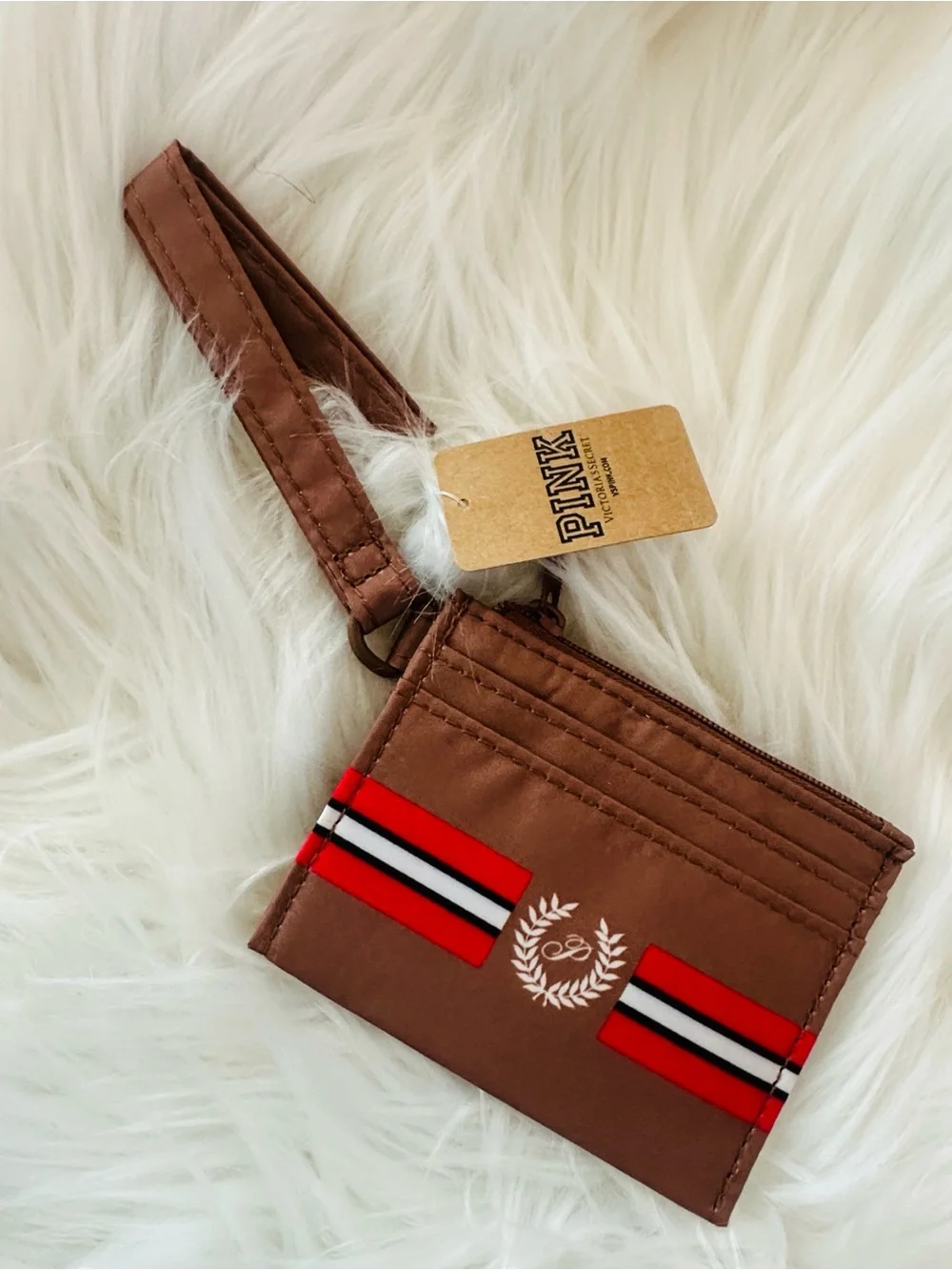 Pink By Victoria's Secret  Brown Wristlet Card Holder with Red Accent Stripes